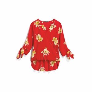 Surplice Tie Sleeve High-Low Blouse